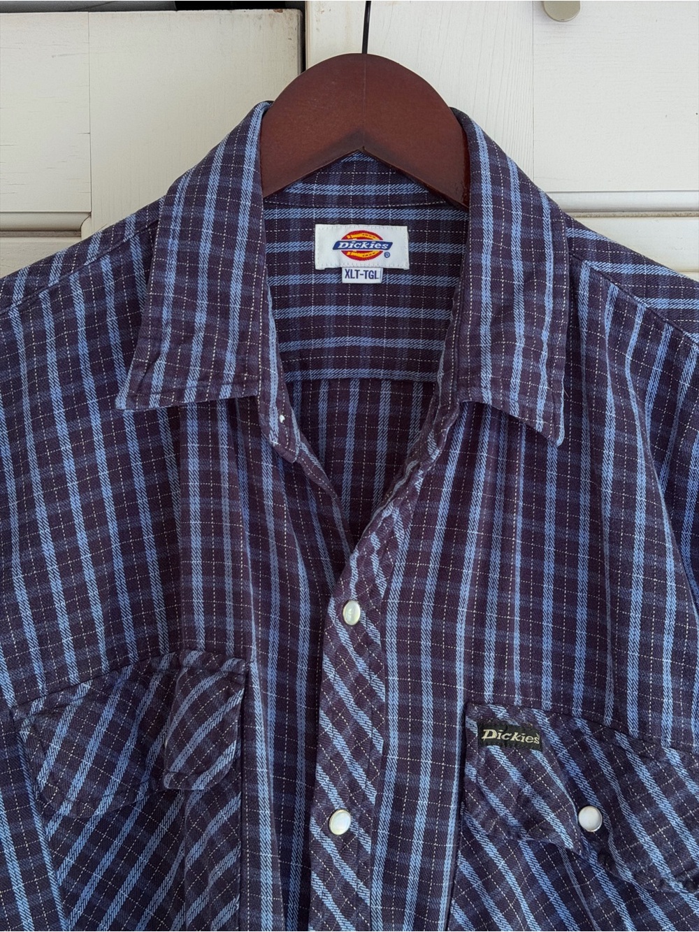 Dickies Vintage Men's Navy and Light Blue Plaid Button-Down Shirt